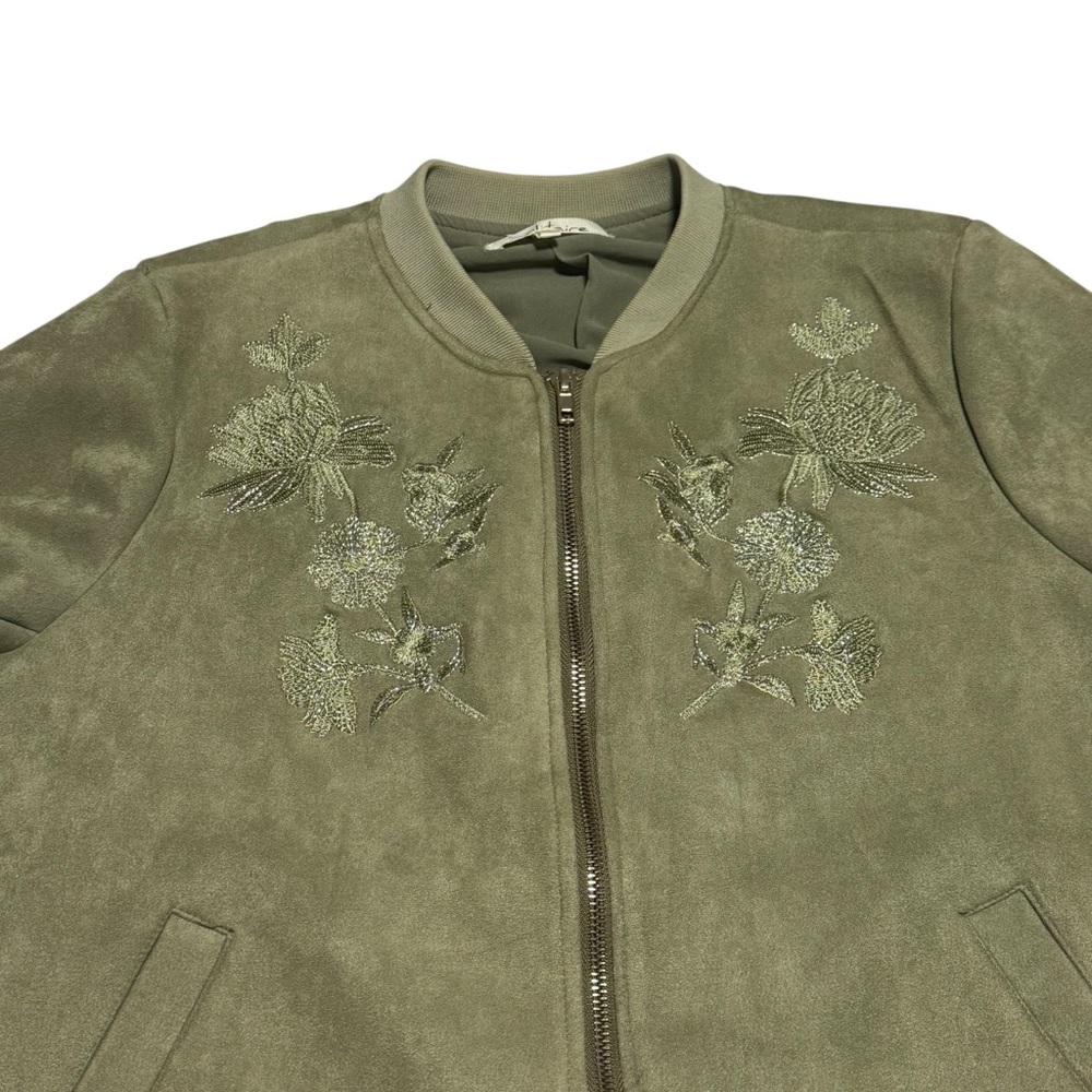 Olive Embroidered Bomber Jacket Solitaire Sz S‎ faux suede